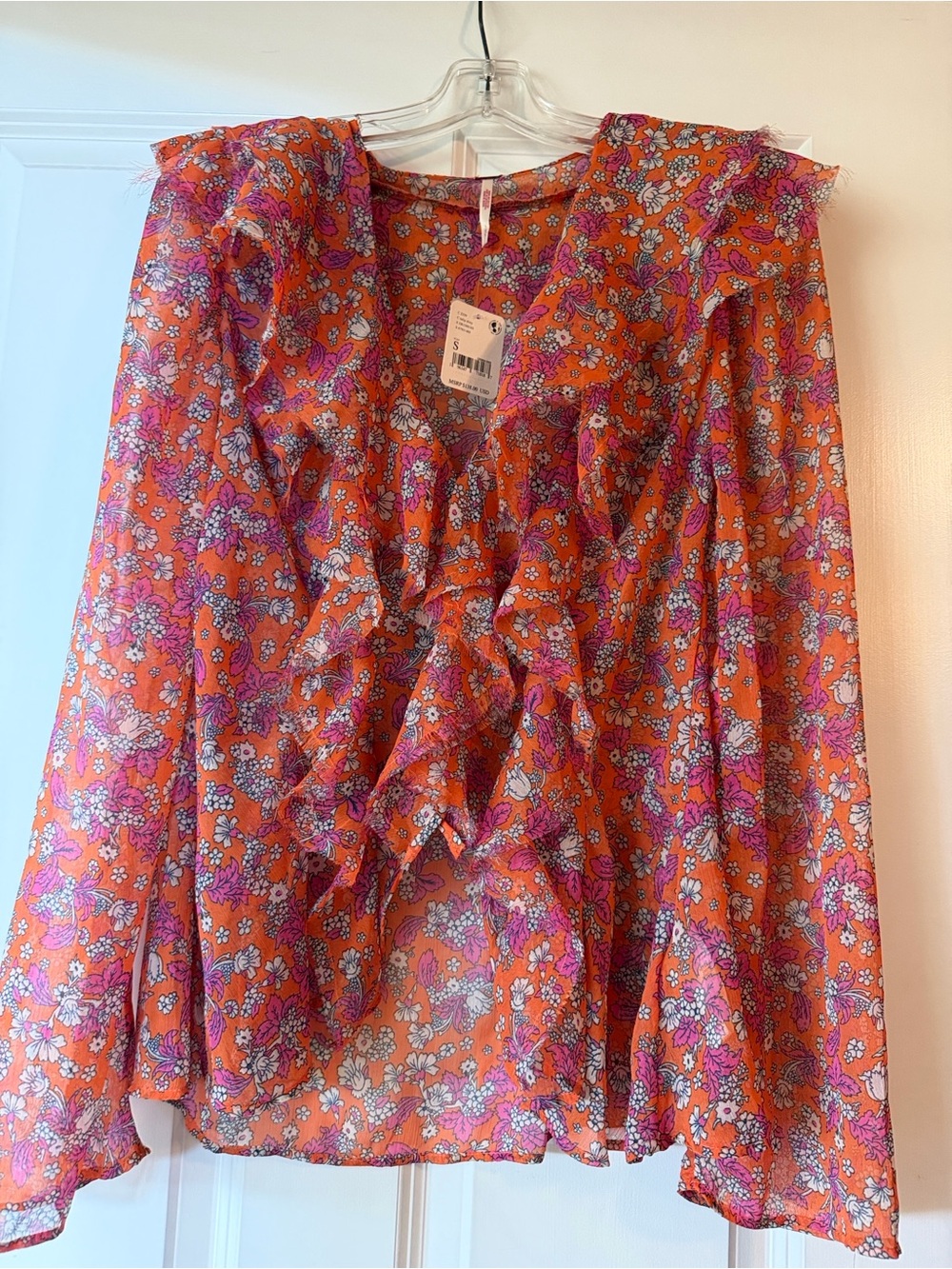 Free People Orange Floral Ruffle Blouse